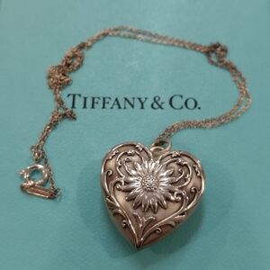 Tiffany Silver Ziegfeld Daisy Heart Locket Pendant Necklace